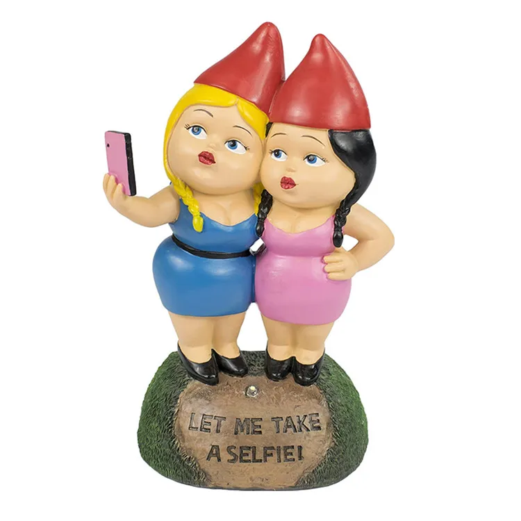 Polyresin/Resin  Two Girls Taking a Selfie Cool Trendy Solar Powered Garden Gnome Ornament