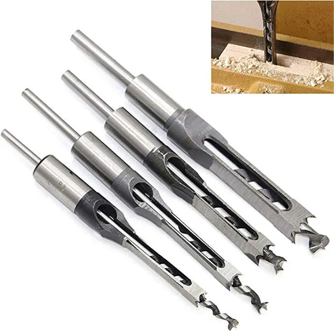 4pc Wood Drill Bit Mortising Chisel Set Mortiser Woodworking Square Hole Bits Drills Bit Set Of Power Tools