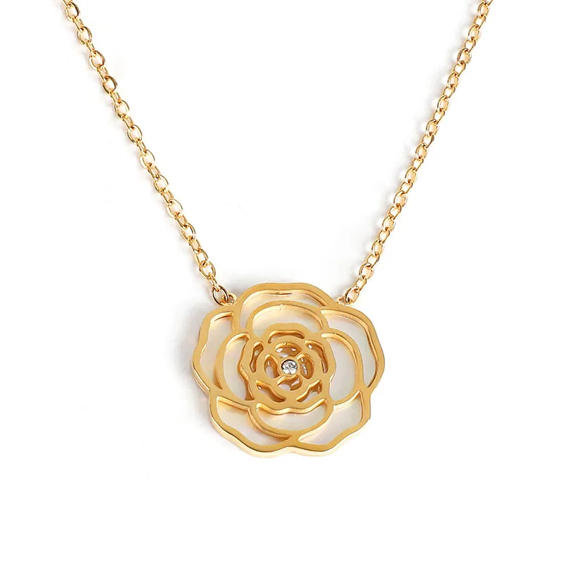 Fashion Women Jewelry PVD 18K Gold Plated Stainless Steel Hollow Pendant Rose Flower Necklace