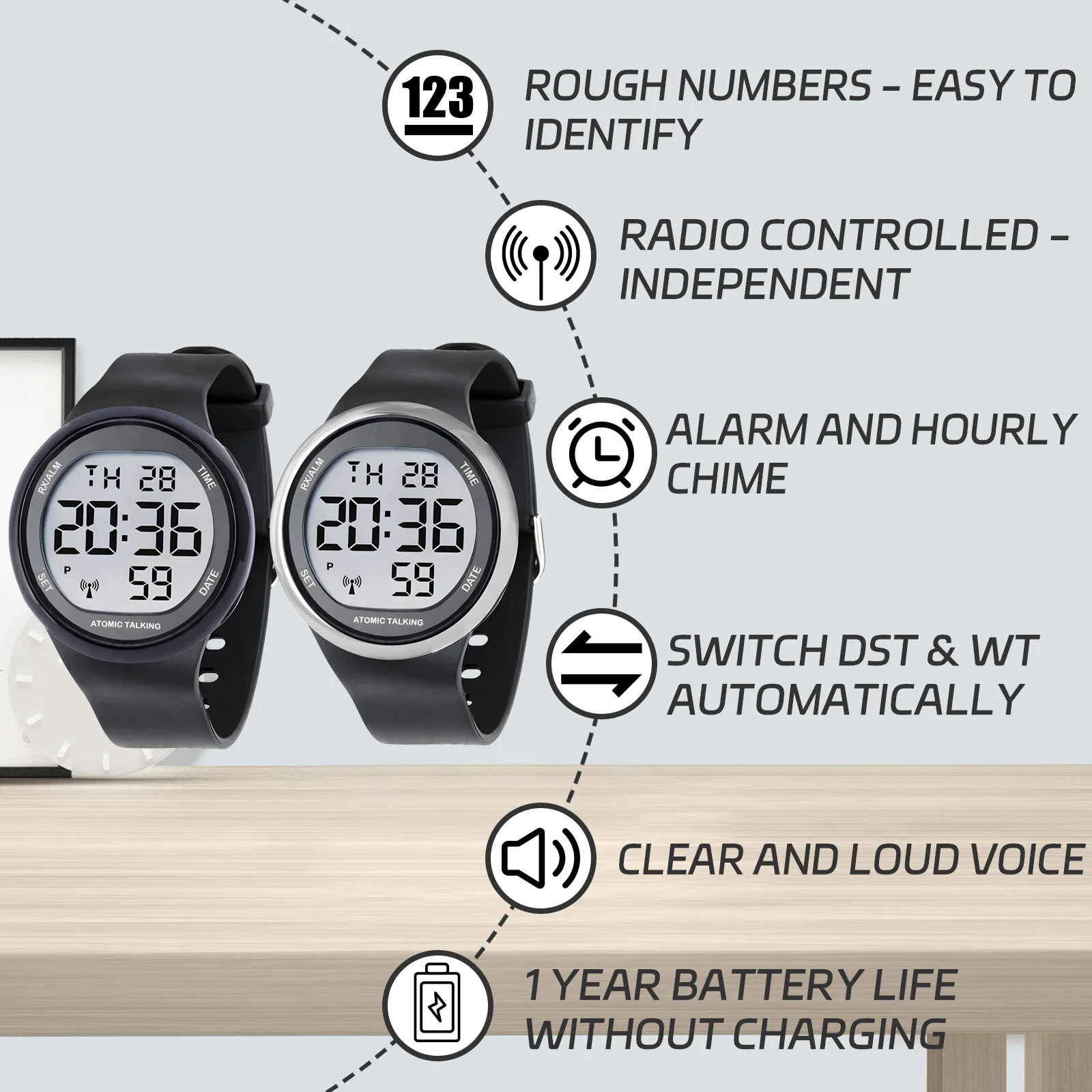 2024 Big LCD Radio Controlled Atomic Talking Digital Watch - Sets Itself Senses Metal Easy-to-Read