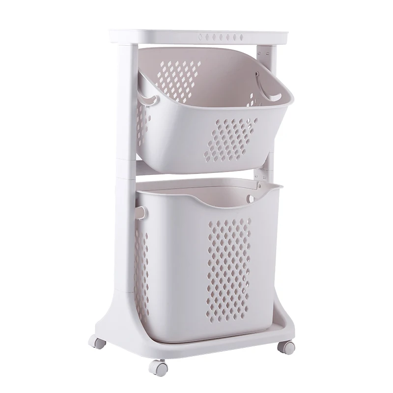 
2-layer plastic bathroom decor storage laundry basket with wheels plastic dirty clothes basket 