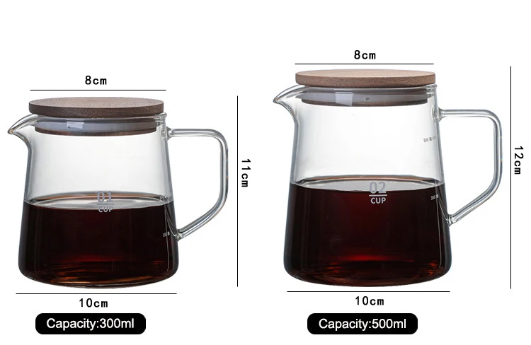 Hot sale 300ml 500ml Microwave Safe & Heat Resistant Glass Coffee Server For Pour Over Coffee pot With Acacia Wood Lid