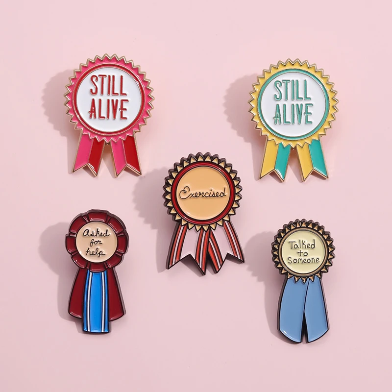 11 Styles Bowtie Badge Funny Medal Enamel Pins Still Alive Went Outside Slogan Lapel Pin Brooches Clothes Backpack Jewelry Gift