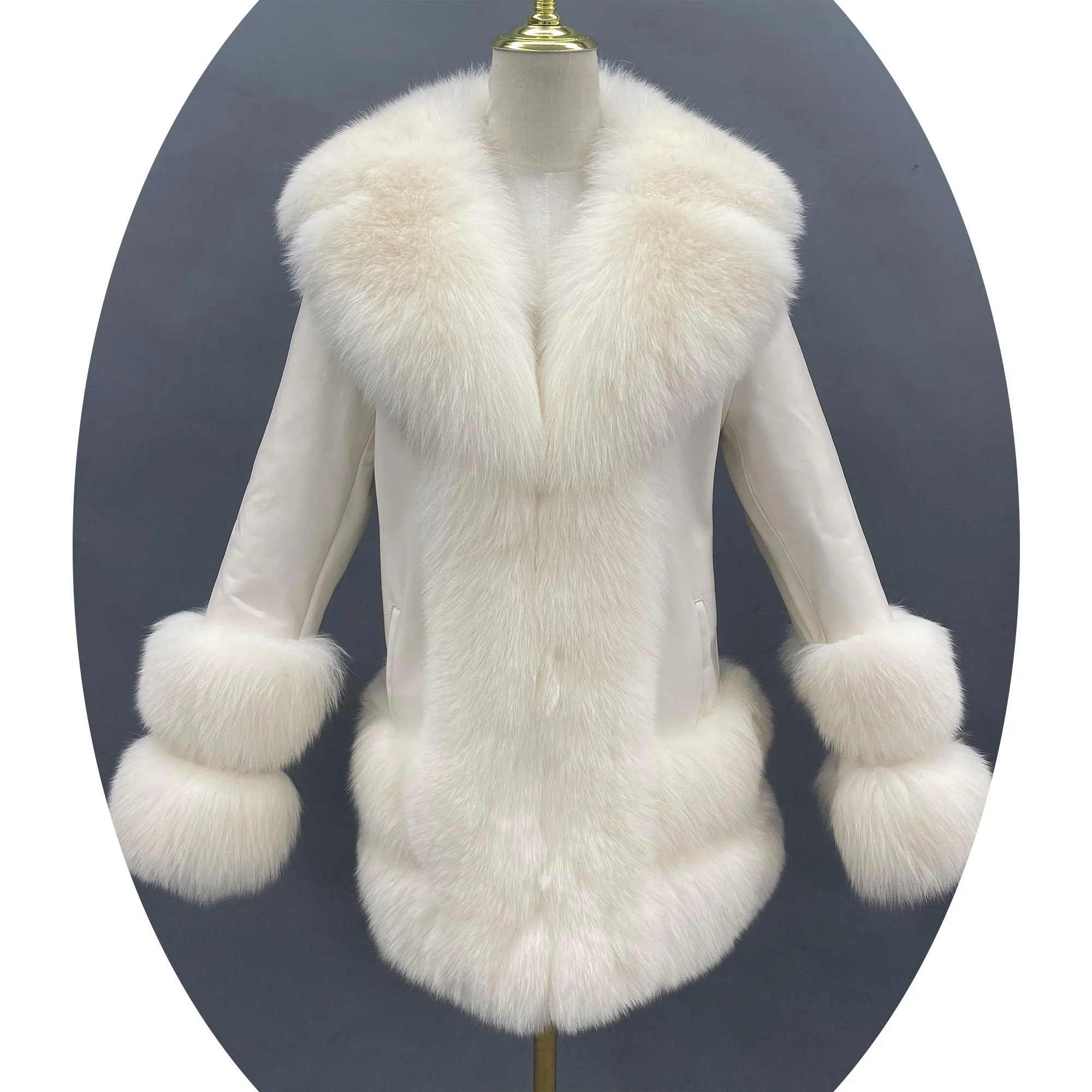 Wholesale real fox collar jacket women genuine sheepskin jacket winter luxury fox fur coat