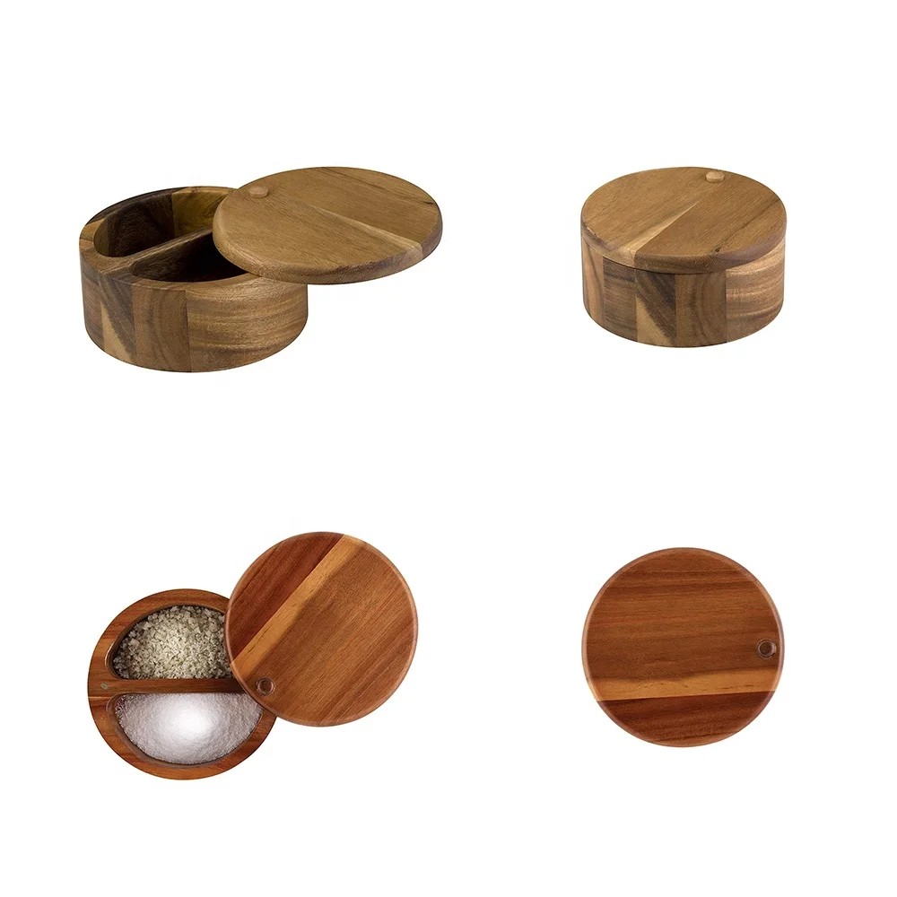 
Custom Brown Wood Salt Cellar With 2 Compartments Wood Round Salt Box Spice Box with Swivel Cover 