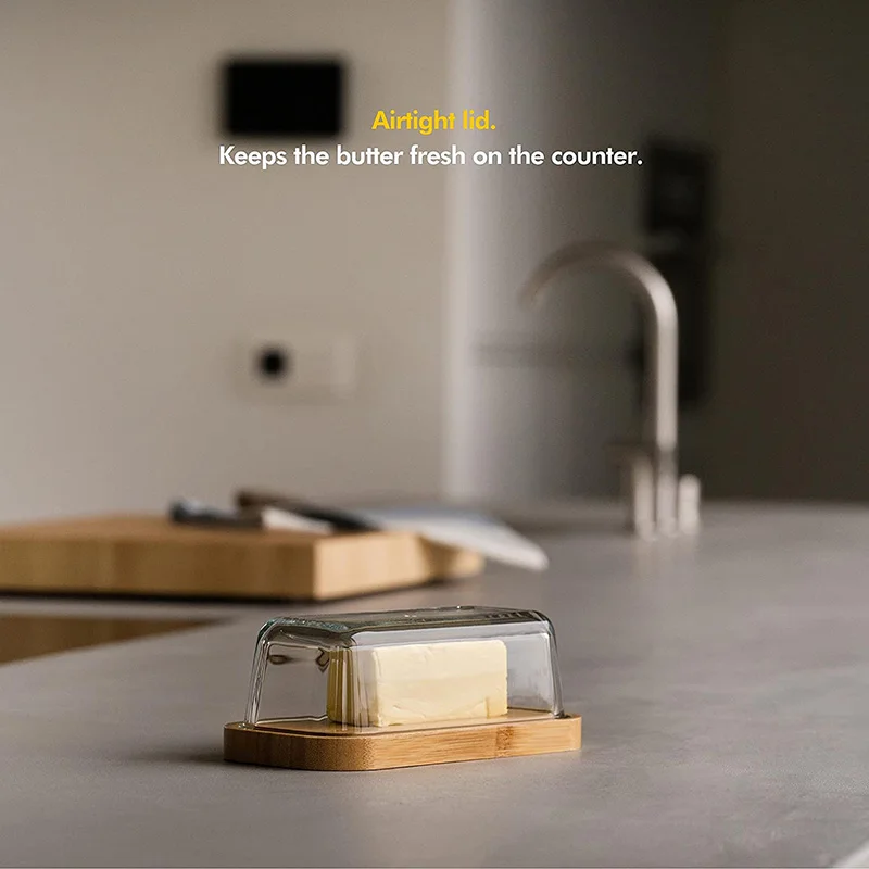 Glass Covered Butter Holder Tray Dish with Lid for Countertop and Refrigerator Door Shelf