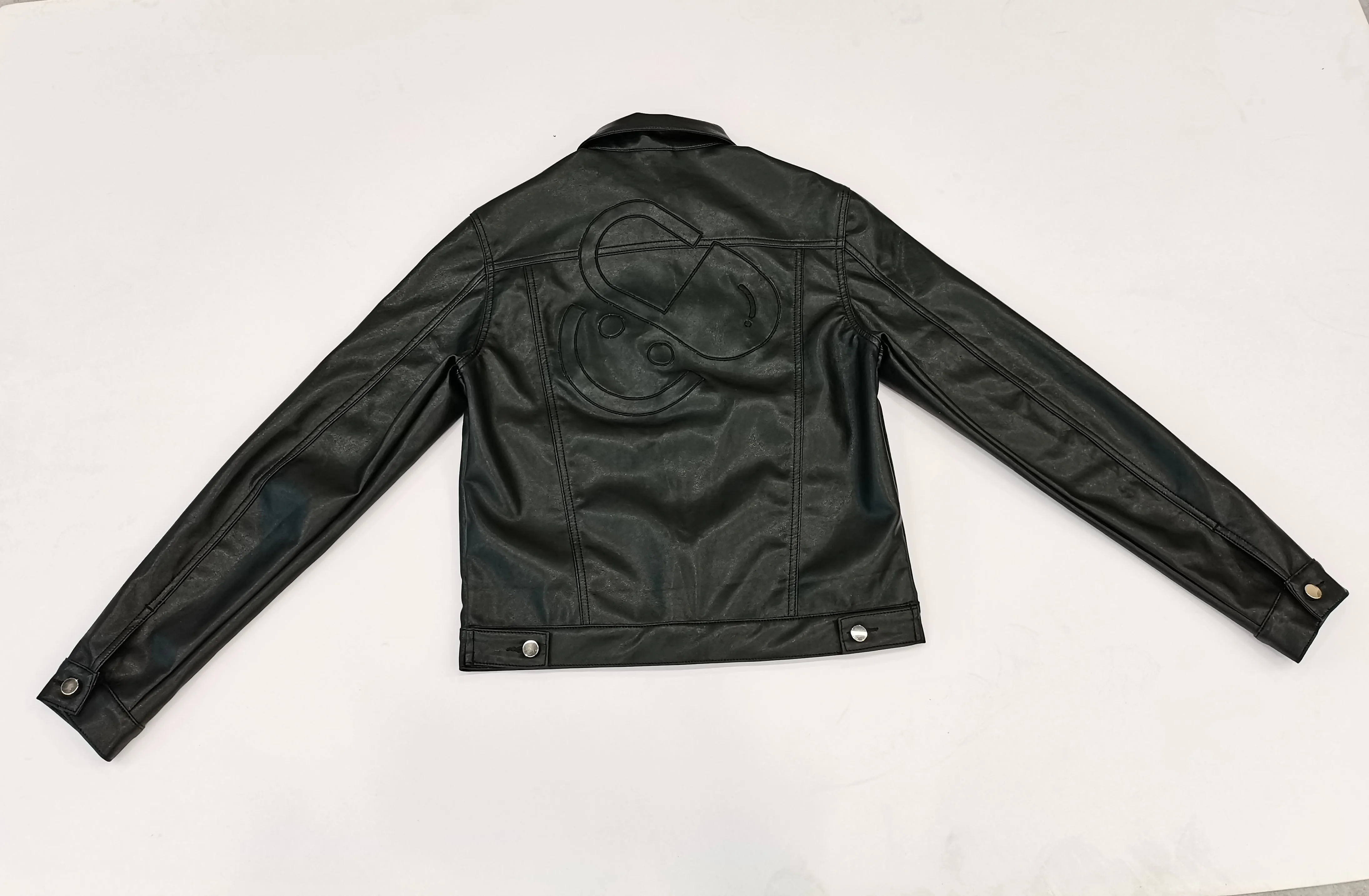 Custom black mens pu leather jacket with patch embroidery
