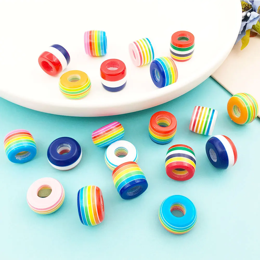 JC Factory Wholesale Resin Striped Large Hole Round Beads Acrylic Seven Color Rainbow Loose Beads diy bracelet making