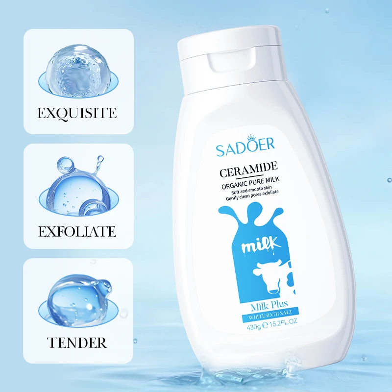 OEM SADOER Wholesale Ceramide Milk Whitening Bath Salt Brighten Skin Exfoliating Whitening Body Wash Herbal Body Scrub Bath Salt