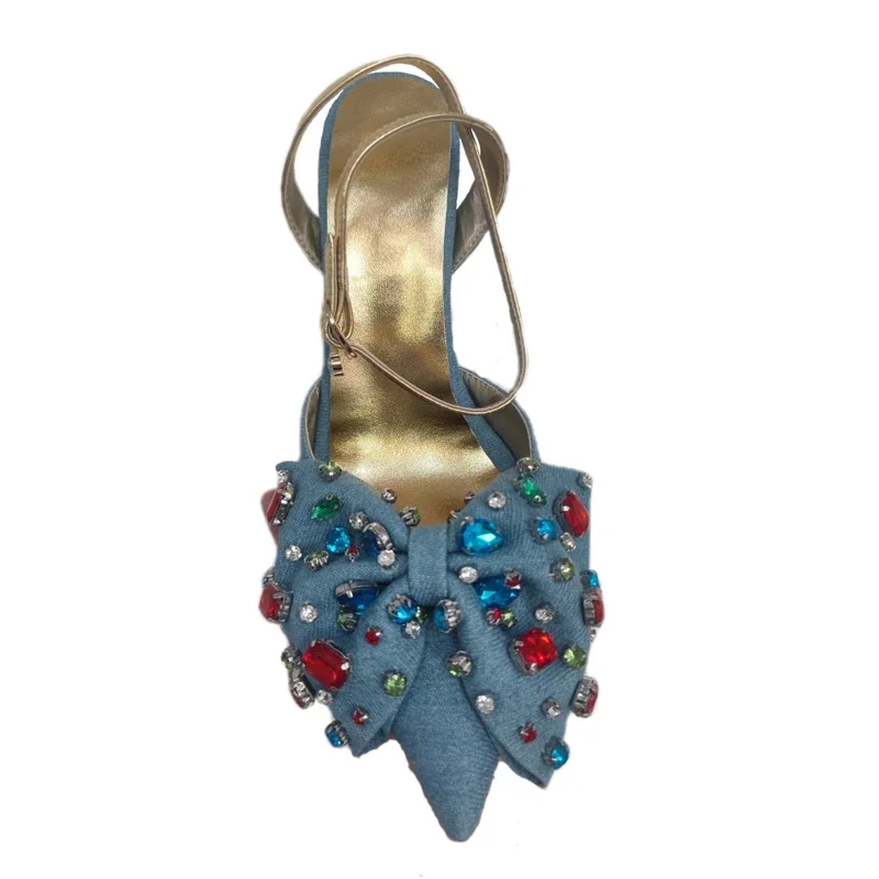 Colorful Diamonds Women Denim Sandals Blue Butterfly Stiletto High Heels Pointy Toe Ankle Straps Jeans Shoes