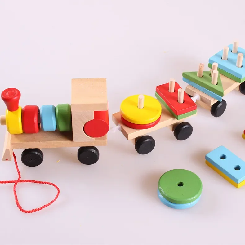 Montessori Wooden Pulling Train Car Unisex Sensory Educational Puzzle Walkers Geometric S Matching Toy for Kids and Children