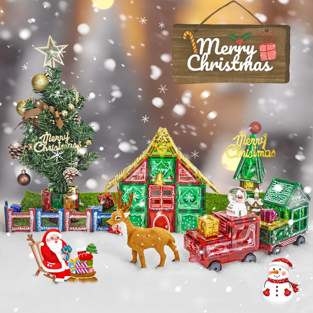 Red Green Christmas Series Colorful Magnet Tiles Toys Magnetic Blocks Educational Toys Magnetic Building Tiles For Kids