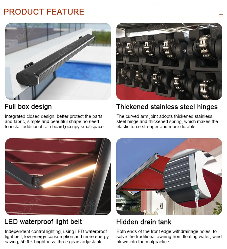 Heavy Duty Aluminum Retractable Awning Custom Size Outdoor Sunshade Full Cassette Motorized Awning