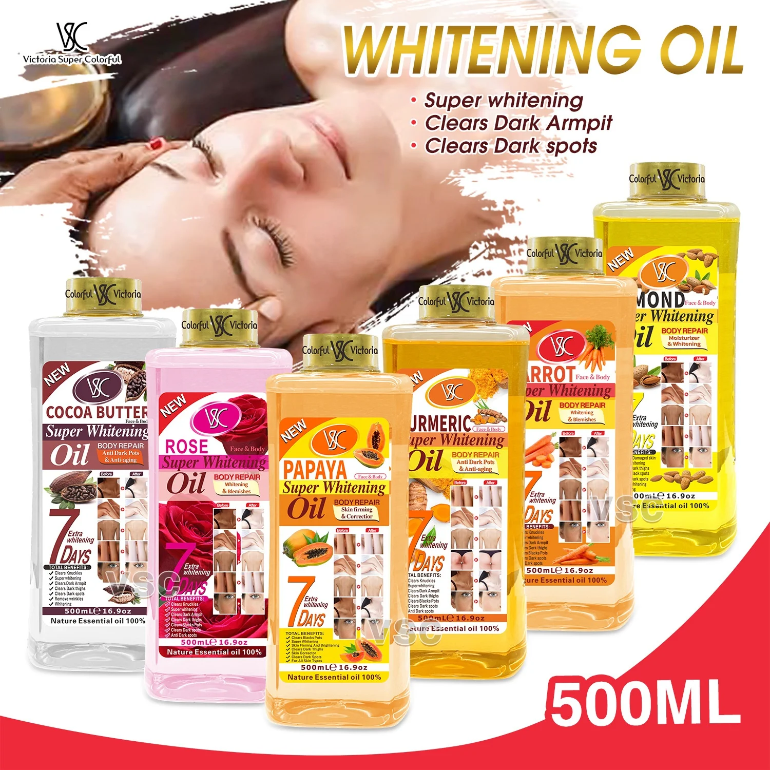 100% Natural 500ml Super Whitening Body Corrector Oil Anti Spots Turmeric Papaya Almond Rose Carrot Cocoa Butter Vitamin C Oil