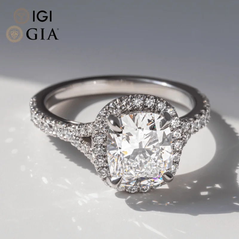 Gia Igi Certified Cvd Lab Grown Diamond 10k 14k 18k Gold Engagement Ring Cushion Cut Split Shank Halo Yellow White Rose Gold