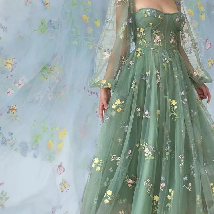Spring and summer modern plant flower multi-color wedding dress European-style embroidered mesh gauze fabric