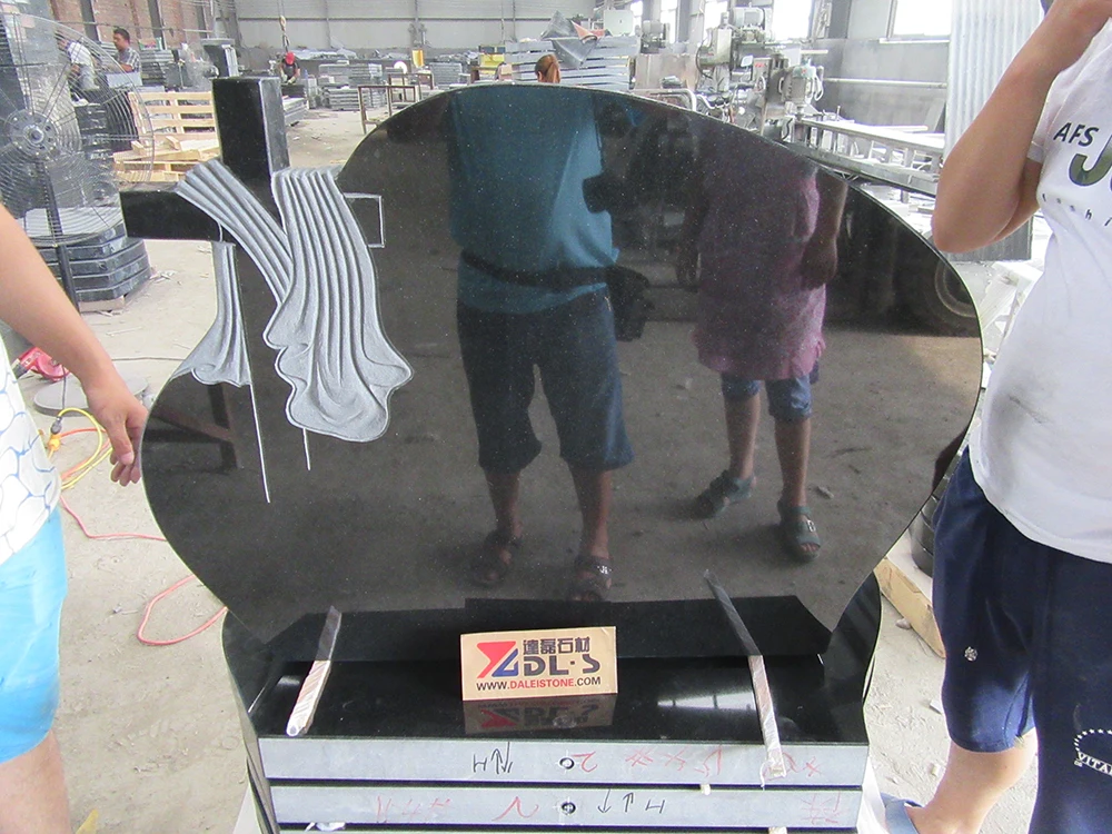 Tear Drop Carved Flower Shanxi Black Granite Headstone For Gravestone