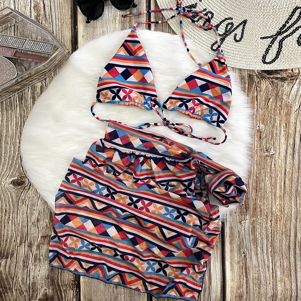 New Arrivals 2024 Summer Swimwear Three Piece Women  Dress Self-tying Adjustable Bikini Set Swimsuit