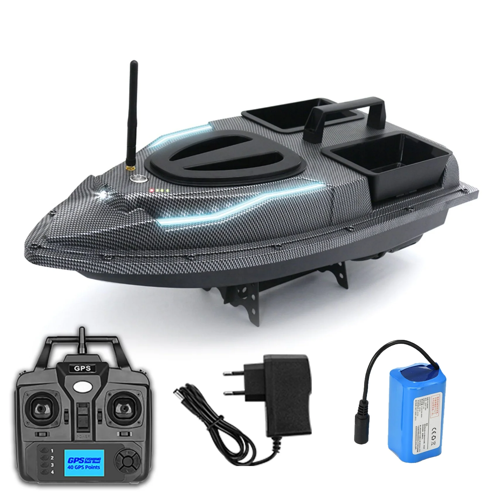 Jabo Boat 500M Distance Auto Navigation 40 Points GPS 3 Hoppers RC Carp Fishing Bait Boat With 2KG Load And Night Light