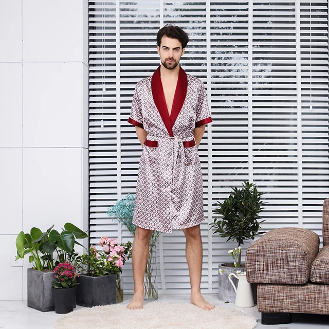 
Two piece silk robe set Luxurious satin nightgown short sleeve pattern design pajamas for men 