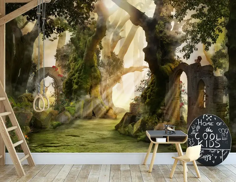 Dreamy Old Forest Wall Mural Wallpaper Fantasy Forest Landscape with Big Trees and Ancient Ruins Wallpaper Print