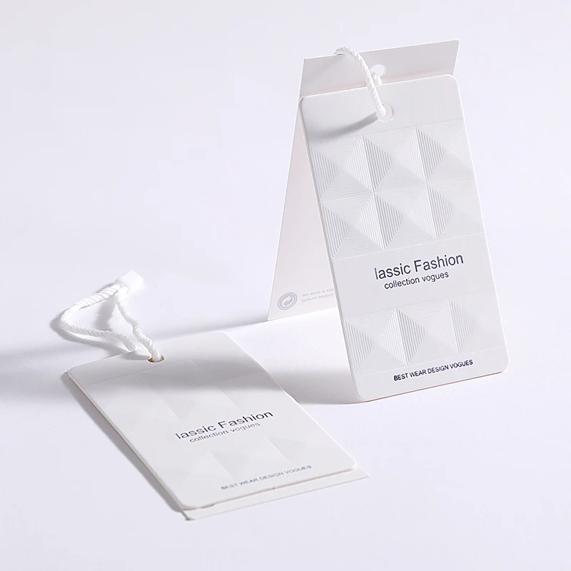 New design print hang tag paper embossed hangtags Custom White cardboard garment Hang Tag with Swing for clothing
