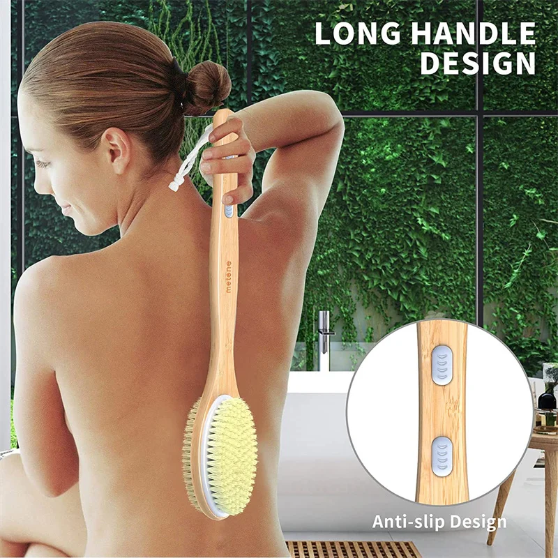 Bamboo Body Brush with Stiff and Soft Natural Bristles, Back Bath Brush for Shower with Long Handle, Dual-sided Brush Head