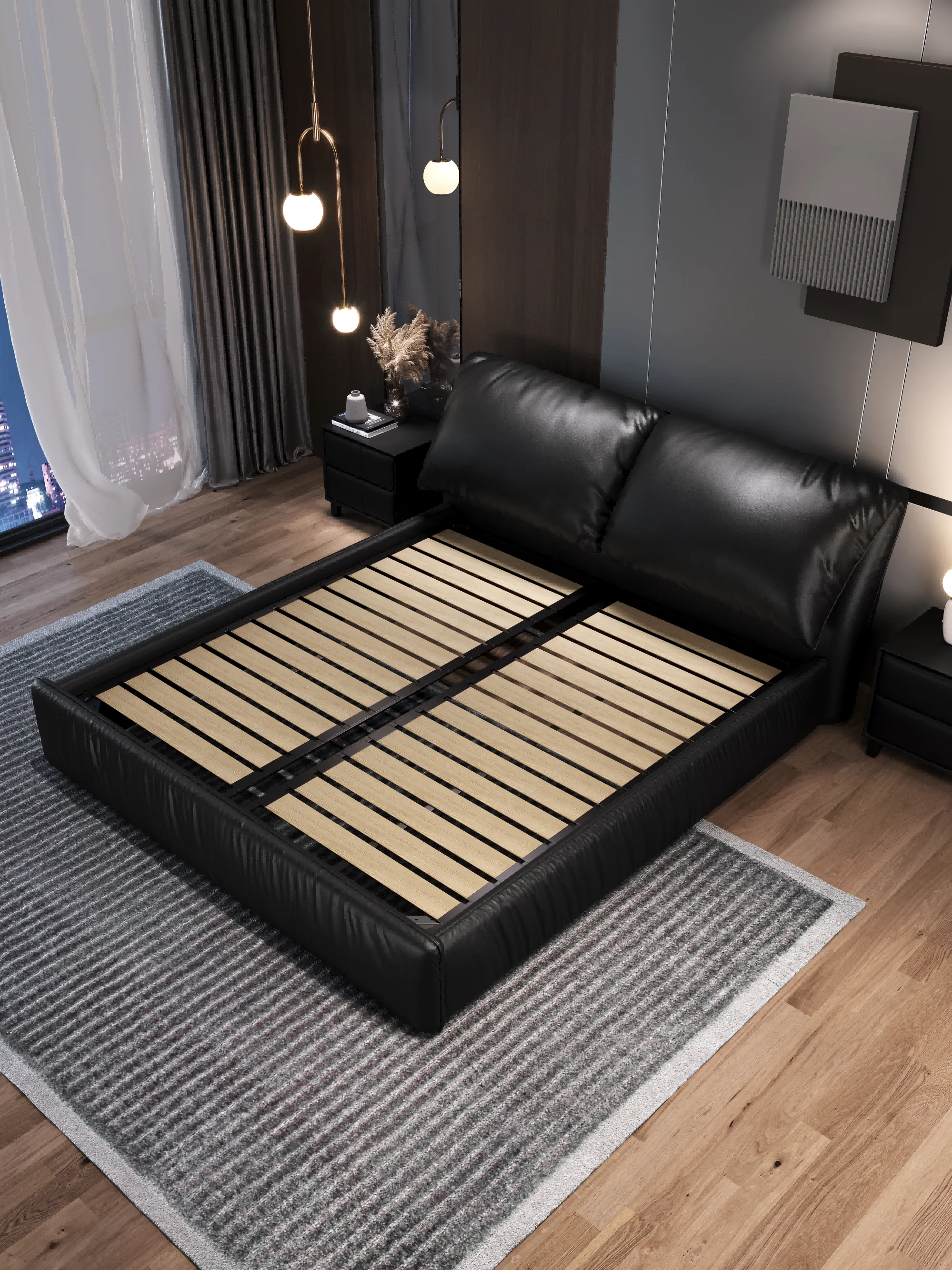 Cow Leather Up-holstered Beds Customized Color Queen Full Space Storage Bed Floating King Size Bedding Set with Nightstand