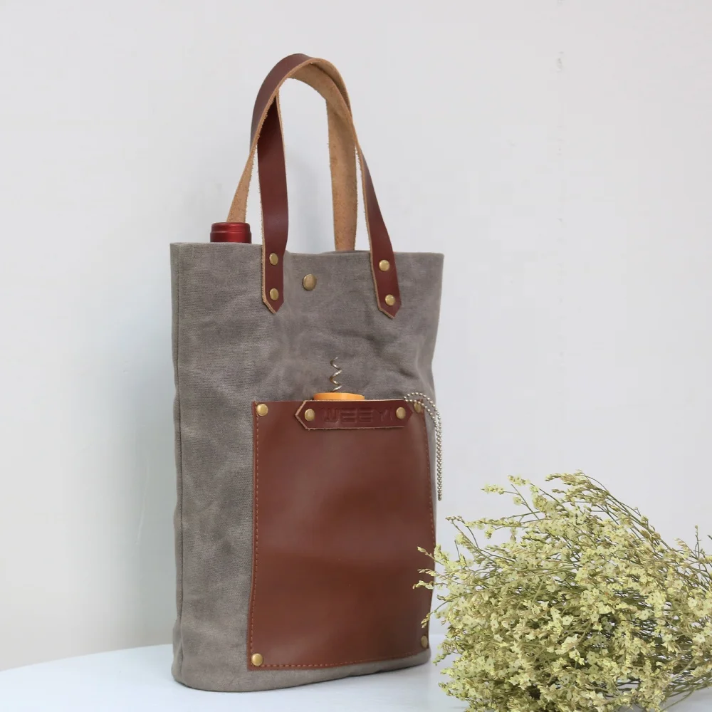 CHANGRONG Custom reusable waterproof grey waxed canvas leather tote bottle carriers wine bag