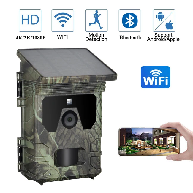 Long Night Vision Range WiFi Blue-tooth 30MP 4K Wildlife Trail camera With Solar Panel Built-in 4400mAh Li-on battery HC-600W