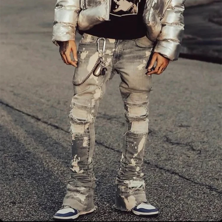 HL manufacturer heavyweight vintage faded wash raw hem frayed high quality flared denim jeans men custom stacked Y2K jeans