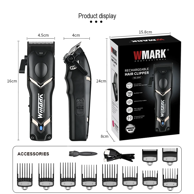 WMARK NG-2047 Wholesale Electric Super Speed Brushless Motor DLC Blade Rechargeable Barber Hair Clippers Trimmer For Salon