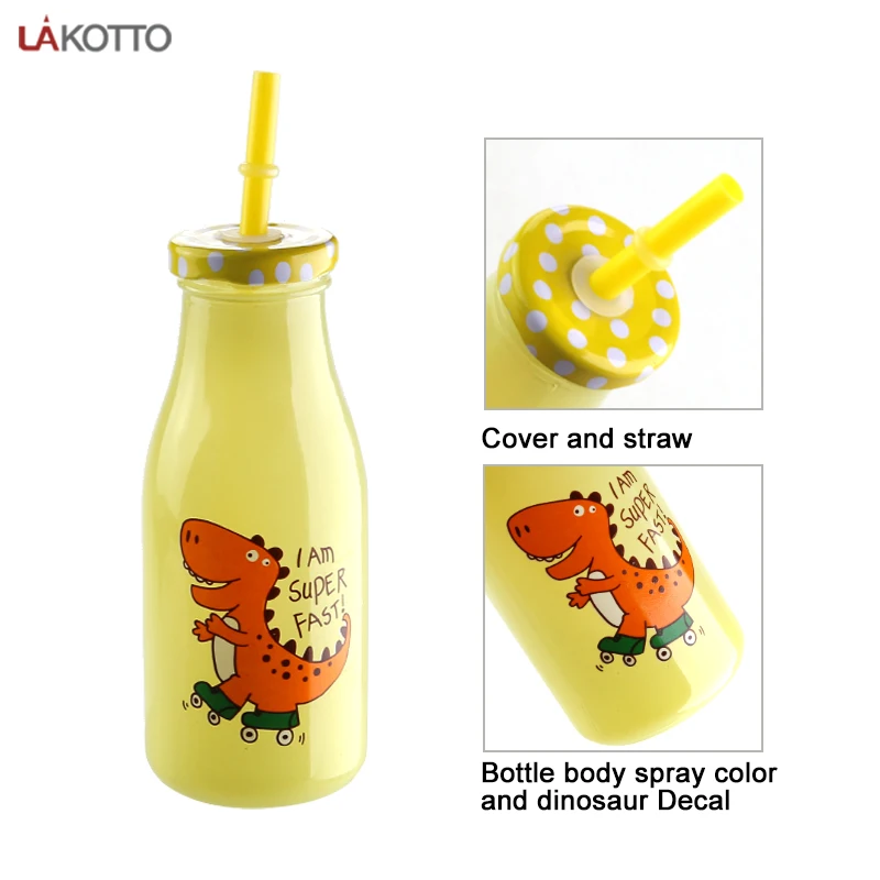 9.5oz Dairy Reusable Glass Milk Bottles with Straws and Metal Screw on Lids