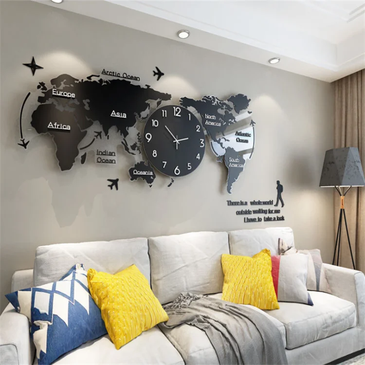 Modern Style Diy Home Decoration Wall Clocks Large Acrylic 3d World Map Wall Clock