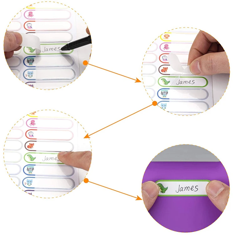 Cute designs water resistant cartoon decorative name label stickers for kids