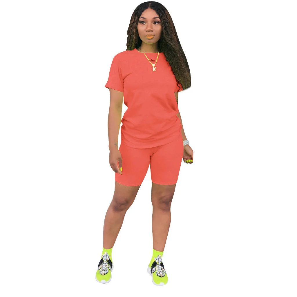 Hot Women Clothing Sets 2 Piece Cotton Short Sleeves ladies Casual Neon two Piece Shorts Set