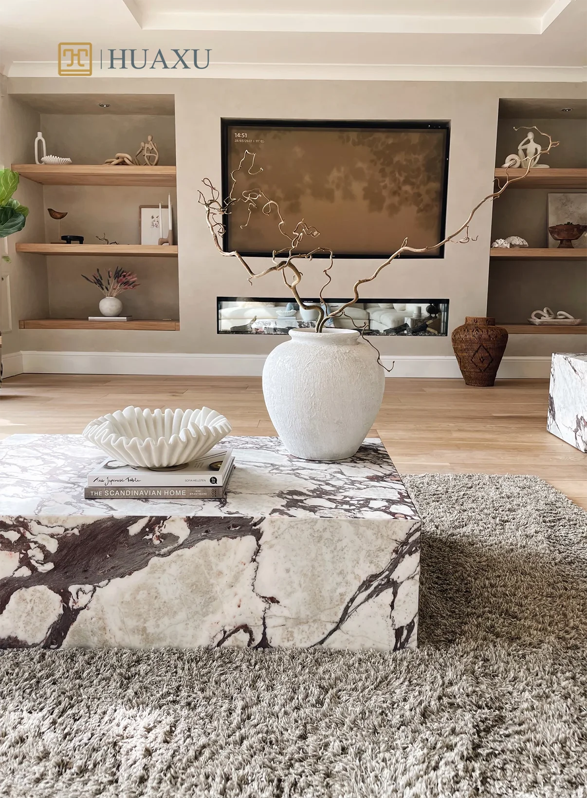 Huaxu Luxury Carrara Marble Italy Natural Calacatta Viola Marble Plinth Block Center Coffee Table