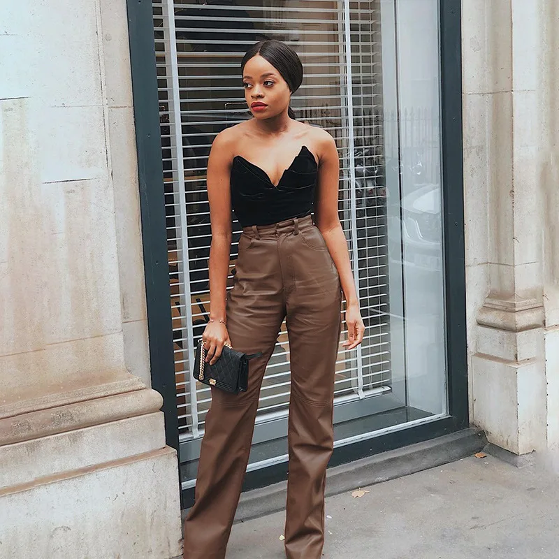 
Punk Fancy High Waist Adult Girls Long Black leather pants Motorcycle PU Faux Leather Pants For Women 