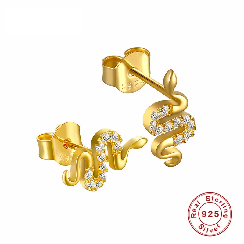 European Style Interest 925 Sterling Silver Snake Stud Earring 18k Gold Plated CZ Inlaid Women Earrings Jewelry