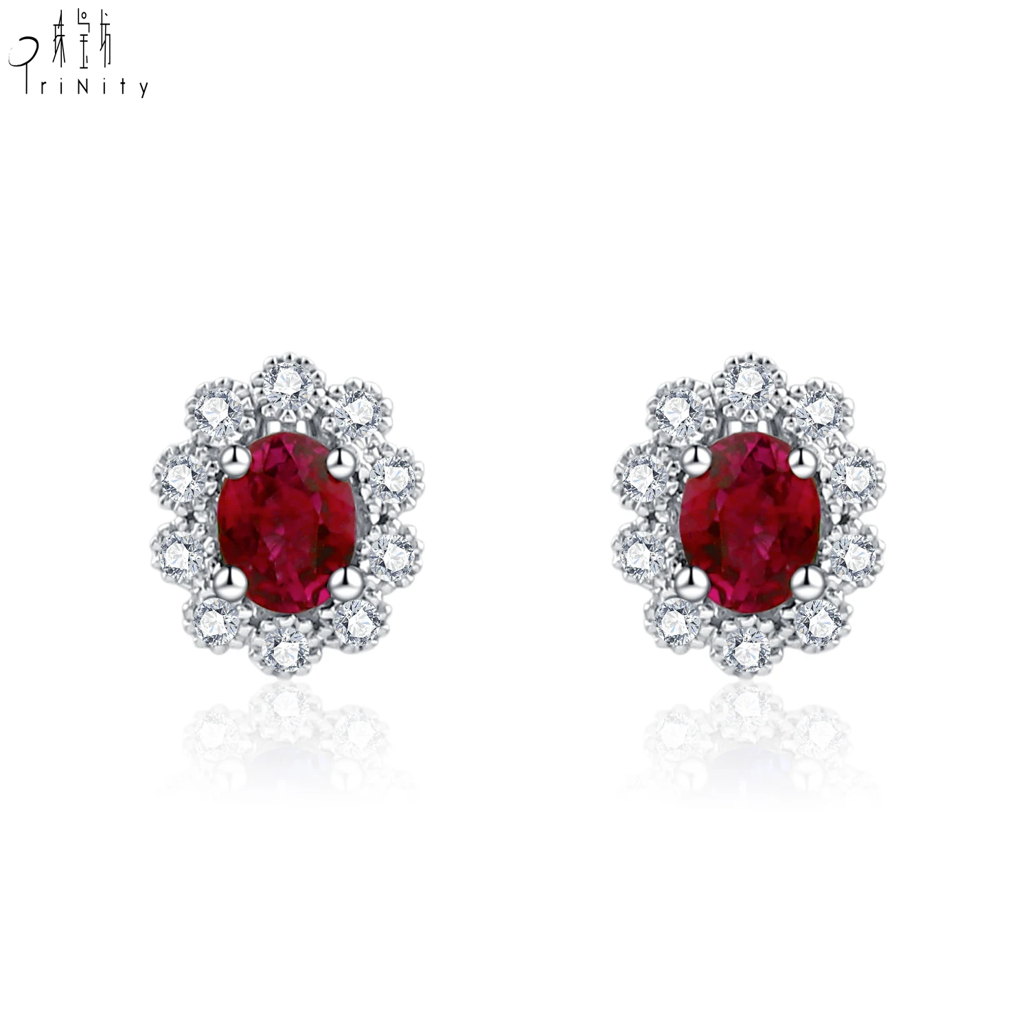 New Vintage Gemstone Jewelry Set 18K White Gold Real Natural Diamond Ruby Stud Earrings For Women