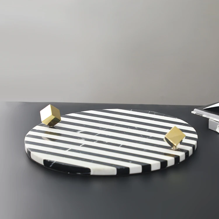 Classic black and white stripes decorative round marble serving tray for perfume