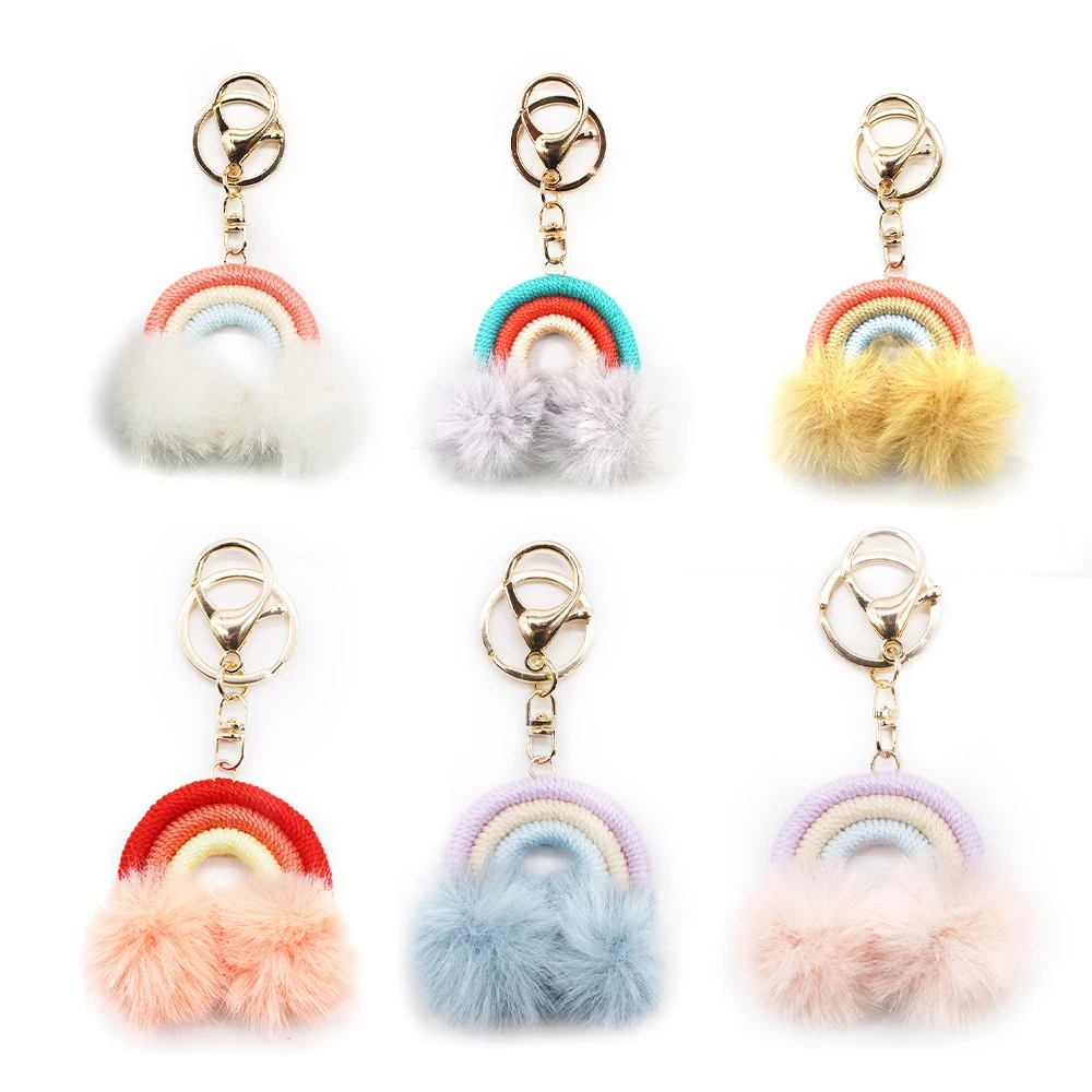 Plush Pom Keychain Metal Keychain Rainbow Hot Sale Wholesale Fashion Shape Handwoven Cotton Gift Customized Logo Silicone Alloy
