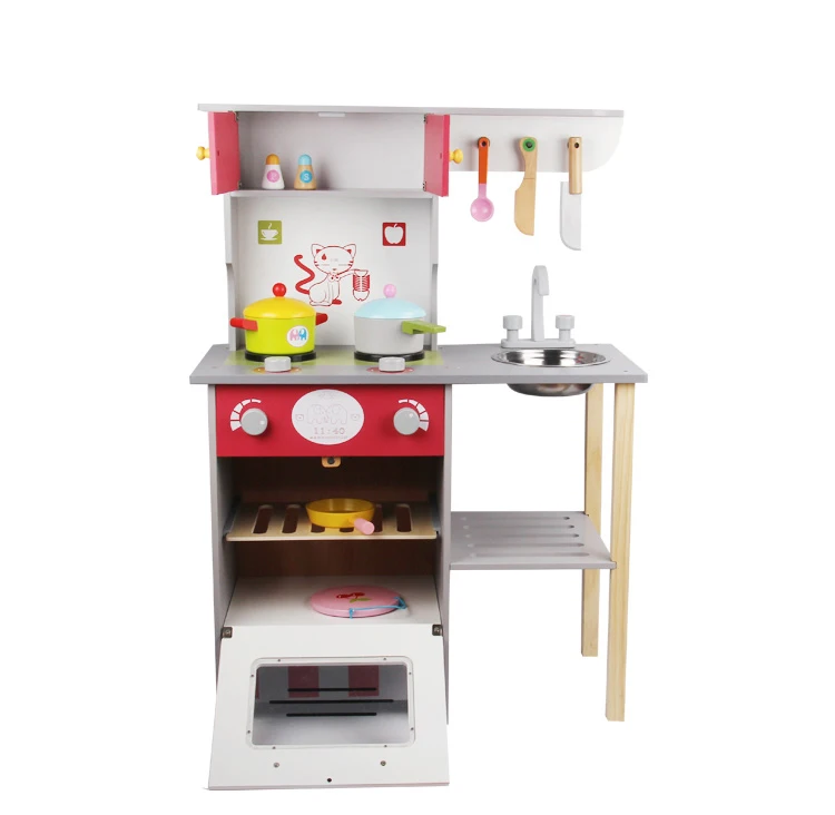Hot Selling Pretend Play Simulation Kitchen Wooden Home Furniture Toys Wooden Kitchen Toy Set