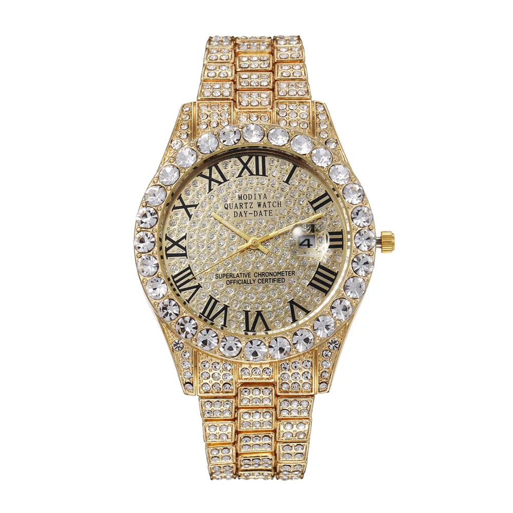 Iced Out Rhinestone Calendar Full Drill Surface Roman Scale Alloy Steel Belt Quartz Watch Men