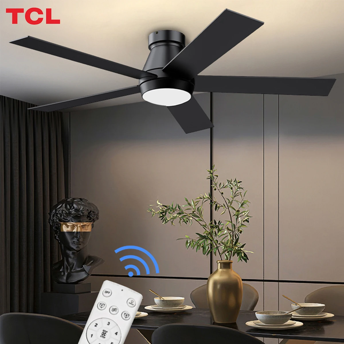 TCL Modern Smart 52 Inch 5 Blades Black Dc Motor Led Ceiling Fan with Light and Remote Control for Home Living Room or Bedroom