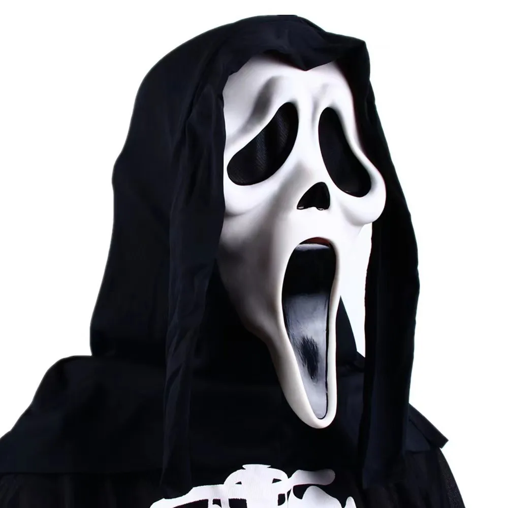 Hot Sale Latex Scary Black Robe Death White Full Face Mask For Masquerade Ball Halloween Party