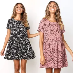 Factory direct new style summer women fashion short sleeve o-neck dot casual loose short dress