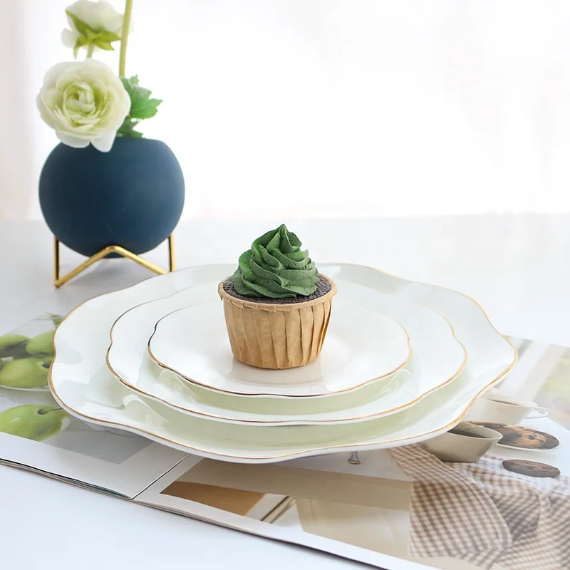 factory ceramic white porcelain plates custom logo gold rim bone china dinner plates
