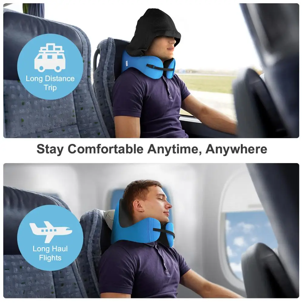 Patent 6-in-1 Memory Foam Travel Pillow with Detachable Hood Adjustable Airplane Pillow Hot sale Car Headrest Pillow Custom
