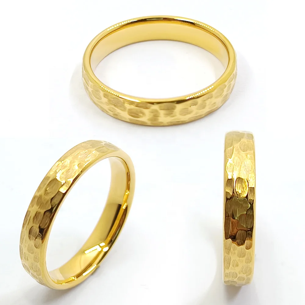 4mm Hammered Wedding Ring handmade with 18K yellow gold solid Band Couple Tungsten Rings